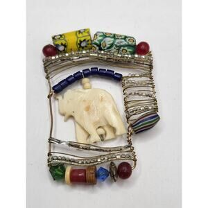 Boho Folk Art Elephant Pendant Mixed Media Beaded Wire Vintage Jewelry Piece